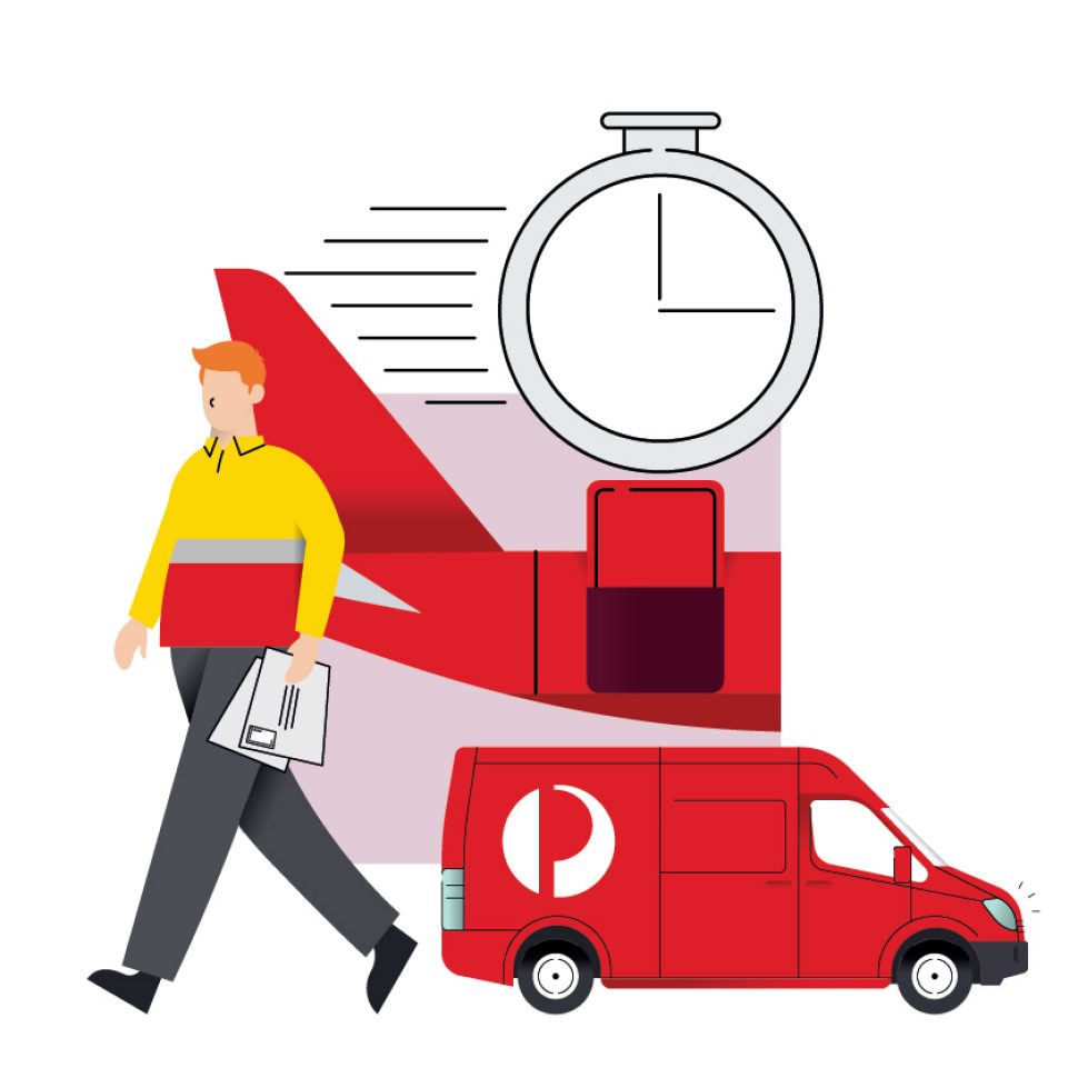 Illustration of postie walking carrying letters with an Australia Post  van, a plane and a stop watch in the background.