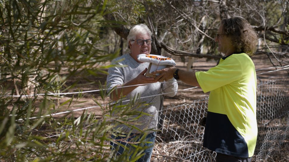 Man in a yellow T-shirt handing the mail and a parcel over the fence to a older man in a grey jumper.