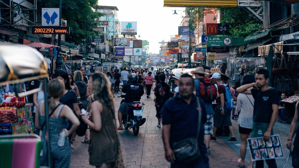 A crowded street market in Bangkok, Thailand